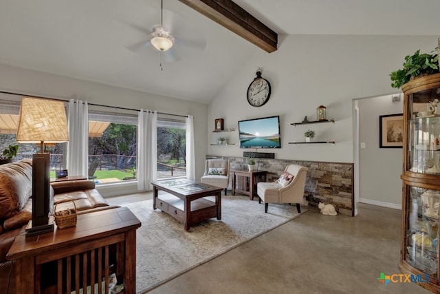 living room featuring beamed ceiling, ceiling fan, and high vaulted ceiling