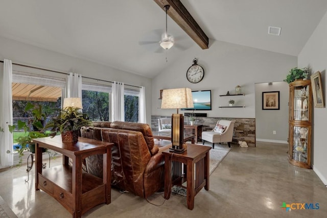 living room featuring ceiling fan, beam ceiling, and high vaulted ceiling