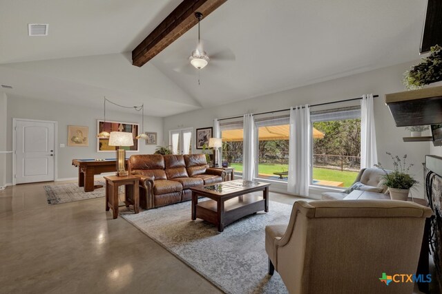 living room featuring high vaulted ceiling, beam ceiling, billiards, and ceiling fan