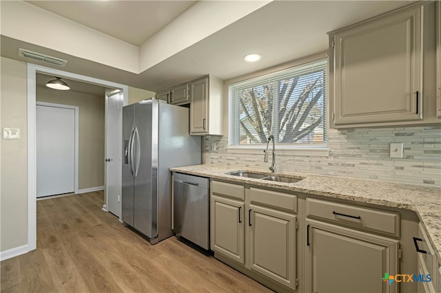 kitchen with tasteful backsplash, sink, stainless steel appliances, and light wood-type flooring