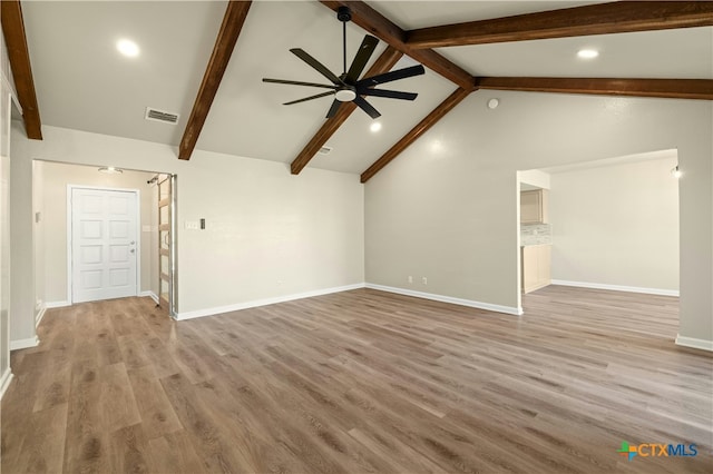 unfurnished living room featuring ceiling fan, high vaulted ceiling, beam ceiling, and light hardwood / wood-style floors