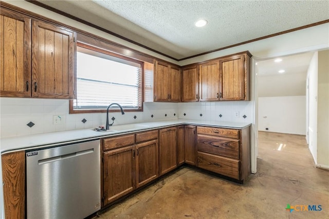 kitchen with dishwasher, sink, backsplash, a textured ceiling, and ornamental molding