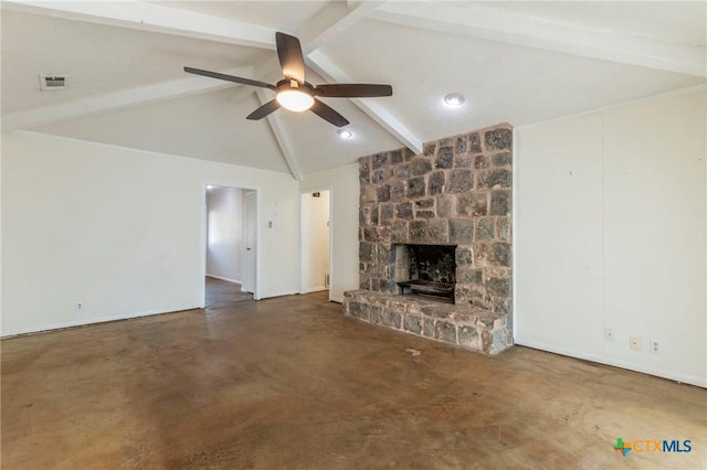 unfurnished living room featuring vaulted ceiling with beams, ceiling fan, and a fireplace