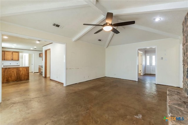 unfurnished living room with lofted ceiling with beams and ceiling fan