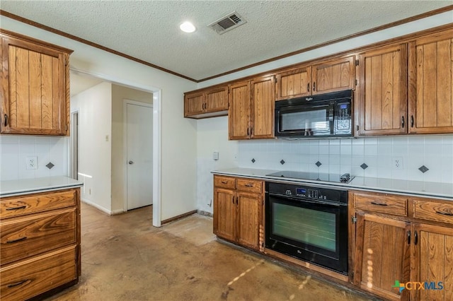 kitchen with backsplash, a textured ceiling, light carpet, black appliances, and ornamental molding