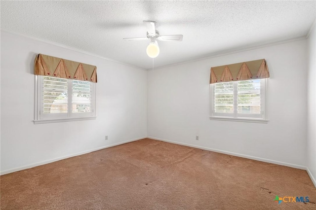 125 Hillview Dr, Luling, TX 78648 - carpeted spare room with healthy amount of natural light, a textured ceiling, crown molding, ceiling fan, and baseboards