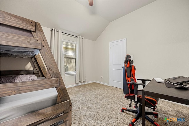 1527 Cobble Hill Ct, Temple, TX 76502 - carpeted bedroom with vaulted ceiling, baseboards, ceiling fan, and a desk