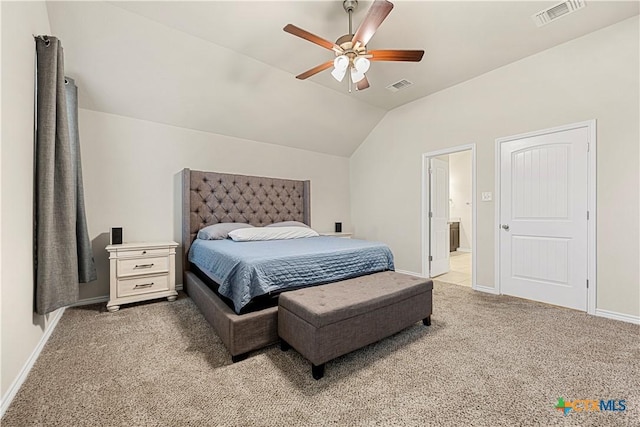 1527 Cobble Hill Ct, Temple, TX 76502 - bedroom with light carpet, baseboards, lofted ceiling, connected bathroom, and a ceiling fan