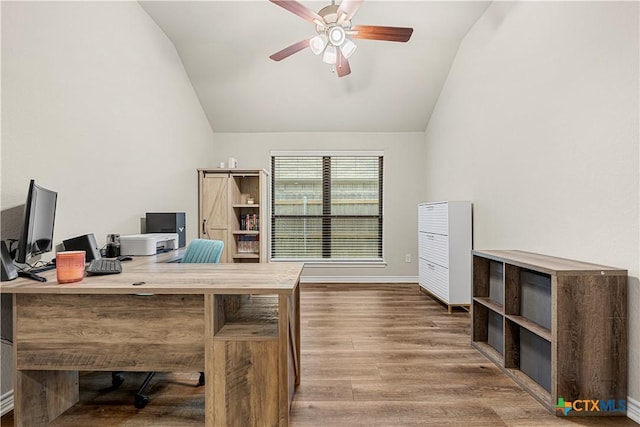 1527 Cobble Hill Ct, Temple, TX 76502 - office space with vaulted ceiling, ceiling fan, wood finished floors, and baseboards