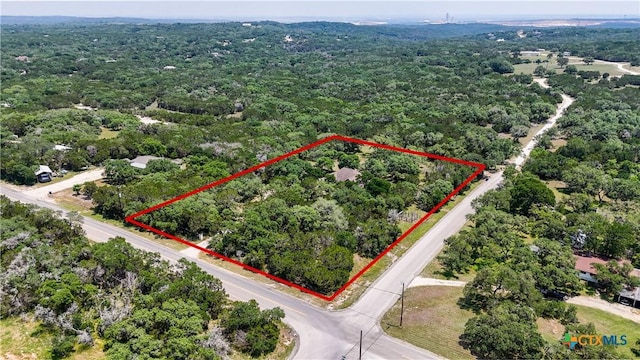 7881 Wegner Rd, New Braunfels, TX 78132 - aerial view of property and surrounding area with a forest and property boundaries highlighted