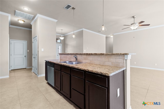 kitchen featuring decorative backsplash, stainless steel dishwasher, ornamental molding, sink, and hanging light fixtures