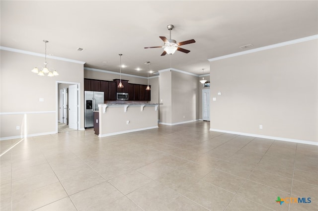 unfurnished living room with ceiling fan with notable chandelier, ornamental molding, and light tile patterned flooring