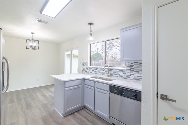 kitchen featuring visible vents, a sink, backsplash, appliances with stainless steel finishes, and a peninsula