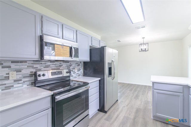 kitchen featuring backsplash, light countertops, light wood-style flooring, appliances with stainless steel finishes, and hanging light fixtures