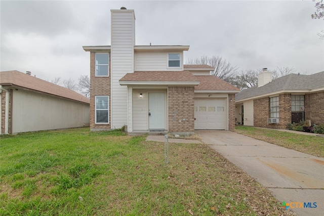 traditional home with brick siding, a chimney, concrete driveway, and a front yard