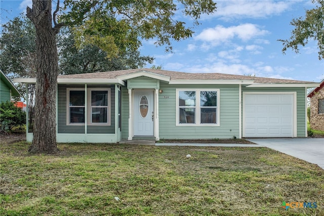 single story home featuring a front yard and a garage