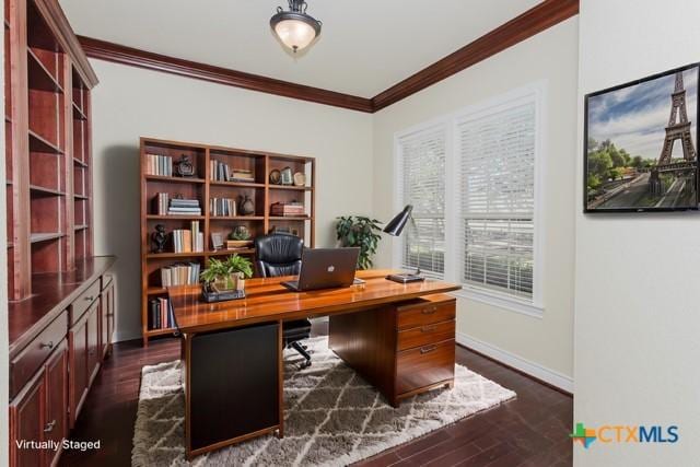 home office with dark wood-type flooring and ornamental molding