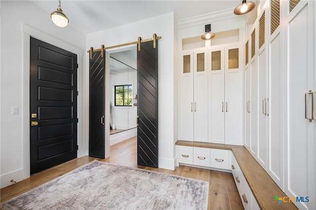 mudroom with a barn door and light wood-style flooring