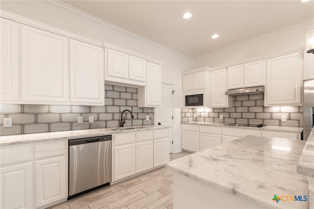 kitchen with white cabinetry, black appliances, sink, and light stone counters