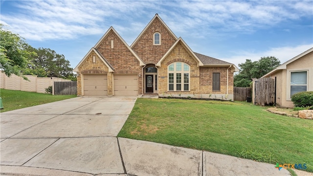 view of front of home with a garage and a front lawn