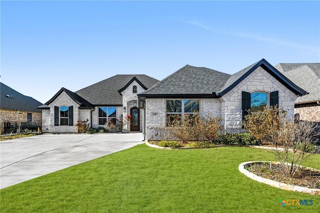 french country home with a front yard, roof with shingles, concrete driveway, stone siding, and brick siding