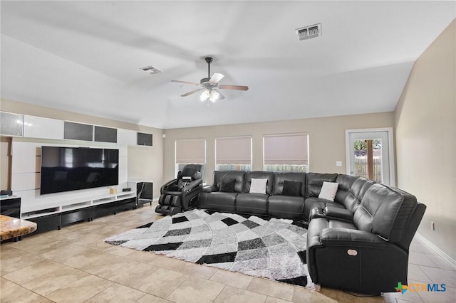 203 Terravista Trl, Victoria, TX 77904 - living room with a ceiling fan, lofted ceiling, tile patterned floors, and baseboards