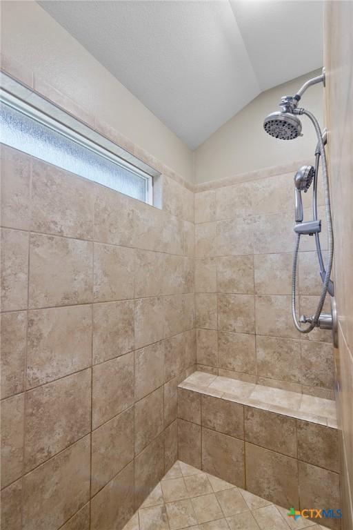 203 Terravista Trl, Victoria, TX 77904 - bathroom with tiled shower and vaulted ceiling