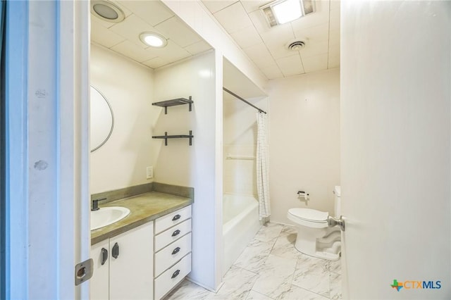 bathroom with vanity, visible vents, marble finish floor, toilet, and shower / bath combo