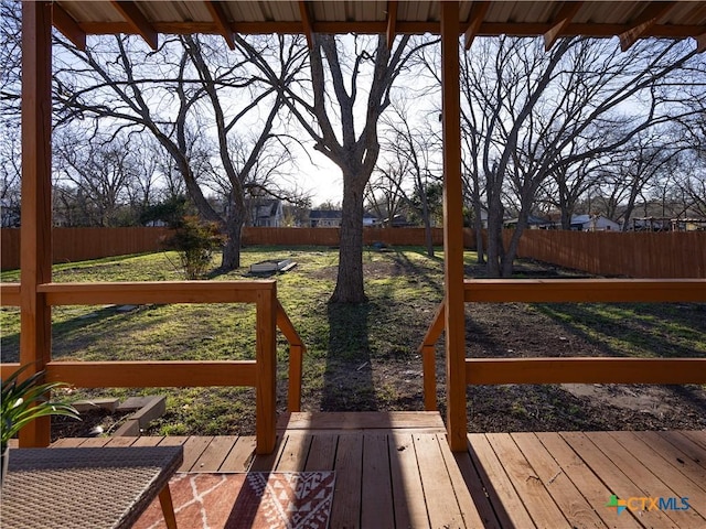 wooden deck featuring a fenced backyard and a lawn