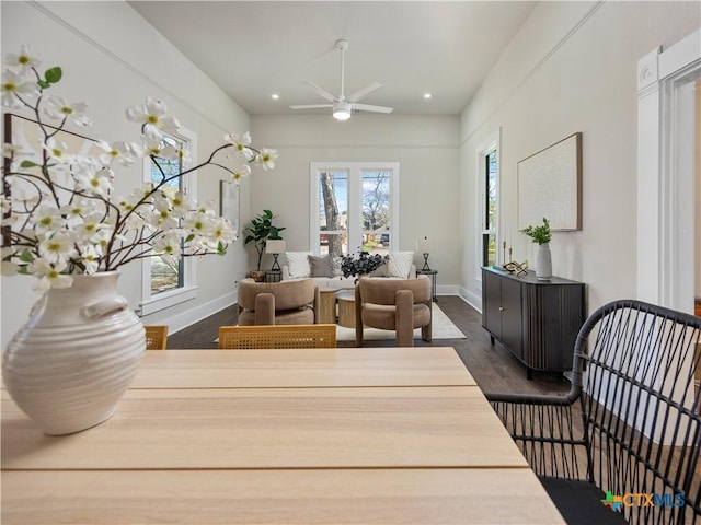 dining space featuring recessed lighting, dark wood-style floors, baseboards, and ceiling fan