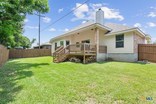 215 Sheridan Loop, Belton, TX 76513 - rear view of house with a fenced backyard, a deck, roof with shingles, and a chimney