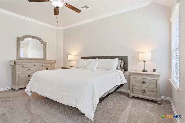 215 Sheridan Loop, Belton, TX 76513 - bedroom with multiple windows, light colored carpet, ornamental molding, ceiling fan, and vaulted ceiling