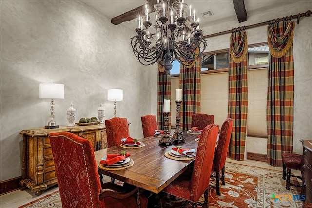 dining space with visible vents, a notable chandelier, and beamed ceiling