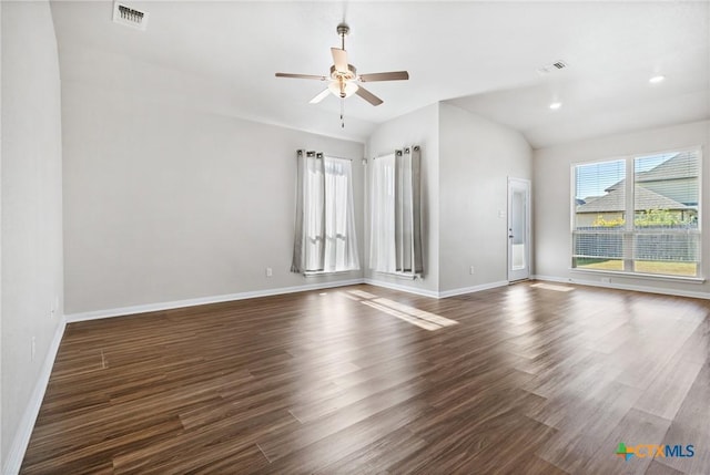 1910 Ashburn Dr, Temple, TX 76502 - empty room with vaulted ceiling, a ceiling fan, dark wood-style flooring, baseboards, and recessed lighting