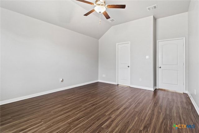 additional living space with vaulted ceiling, ceiling fan, and dark wood-type flooring