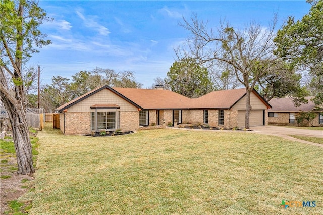 ranch-style house with a garage, driveway, fence, a front yard, and brick siding