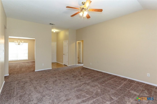 unfurnished bedroom featuring carpet flooring, vaulted ceiling, and ceiling fan with notable chandelier