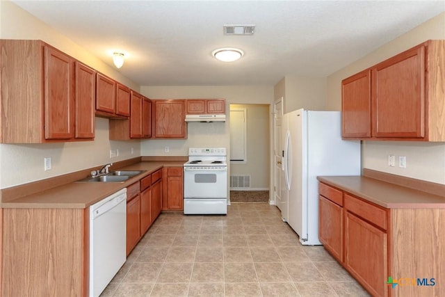 kitchen with light tile patterned floors, white appliances, and sink