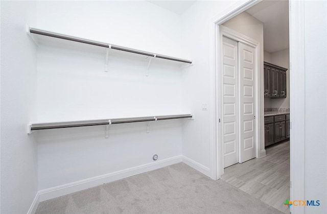 walk in closet with light colored carpet