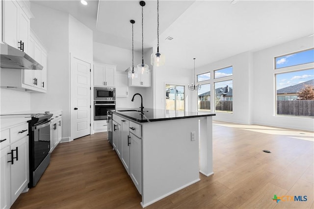 kitchen with a kitchen island with sink, stainless steel appliances, wood finished floors, a sink, and dark countertops