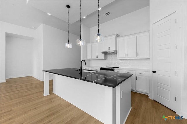 kitchen with white cabinetry, a sink, light wood-style flooring, and under cabinet range hood