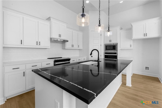 kitchen featuring under cabinet range hood, stainless steel appliances, a sink, white cabinets, and light wood finished floors