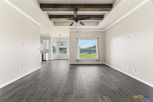 606 Juniper Dr, Troy, TX 76579 - unfurnished living room with dark wood-style flooring, ceiling fan, beam ceiling, a tray ceiling, and crown molding