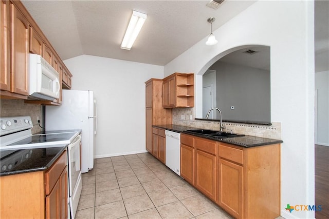 568 Morgans Point Rd, Belton, TX 76513 - kitchen featuring white appliances, vaulted ceiling, backsplash, open shelves, and light tile patterned floors