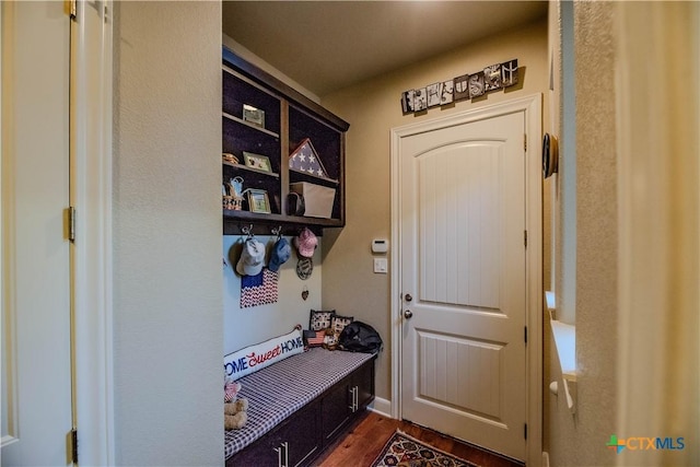 mudroom with dark wood-style flooring