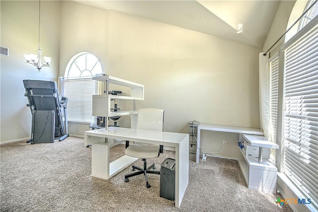 9505 Shimla Dr, Killeen, TX 76542 - carpeted office with baseboards, a chandelier, and high vaulted ceiling