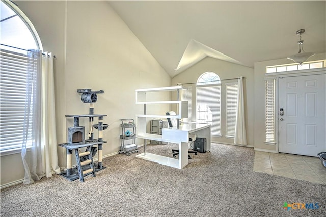 9505 Shimla Dr, Killeen, TX 76542 - tiled entryway with carpet flooring, vaulted ceiling, and baseboards
