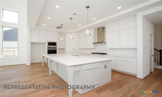 kitchen with light wood finished floors, a raised ceiling, stainless steel appliances, wall chimney exhaust hood, and a sink