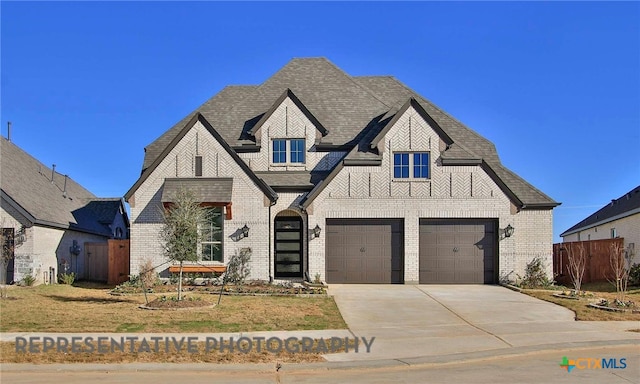 view of front facade with driveway, fence, roof with shingles, a garage, and brick siding