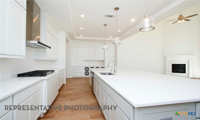 kitchen with light wood-style flooring, gas stovetop, a sink, wall chimney exhaust hood, and backsplash